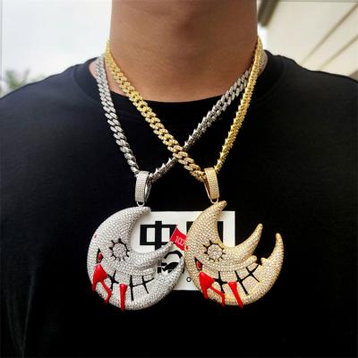 China 2021 Trendy Hip Hop Fashion Necklace Gold Plated Jewelry Gold Plated Full Diamond Iced Out Moon Pendant Necklace For Women for sale