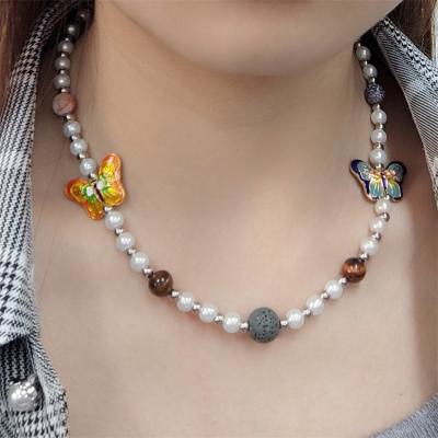 China Hip Hop FASHIONABLE Punk Enamel Butterfly Bead Necklace Stainless Steel Ball Mix Beads Necklace Colorful Round Necklace For Women for sale