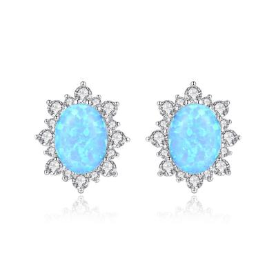 China TRENDY Thin CZ Sun Flower Shape Earrings Jewelry 925 Sterling Silver Natural Blue Oval Opal Stud Earrings For Women Gifts for sale