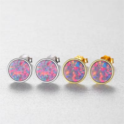 China FASHION fine jewelry 925 sterling silver geometric natural opal earrings women round shape simple gemstone stud earrings for sale