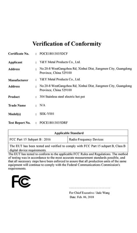 FCC - Jiangmen Xinhui Y&Y Metal Products Co., Ltd.