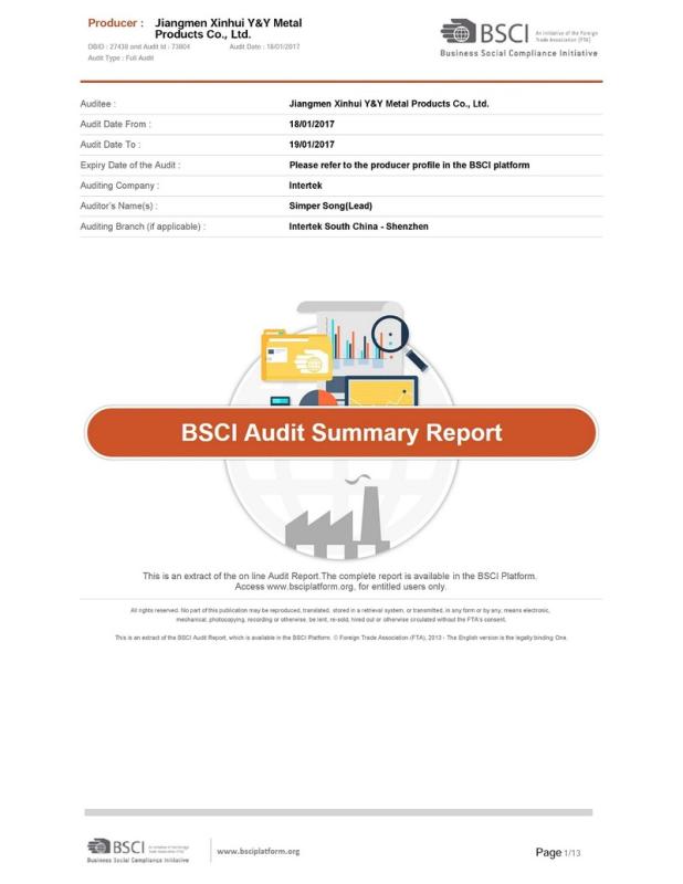 BSCI - Jiangmen Xinhui Y&Y Metal Products Co., Ltd.