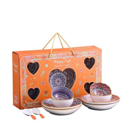 China Sustainable Household Retro Bohemian Dinnerware With Ceramic Hand Gifts Bowls And Dishes Gift Box Set for sale