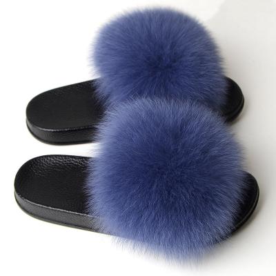 China CUSHIONING Real Fox Fur Slippers Women Soles Colorful Flat Outdoor Indoor Summer Shoes for sale