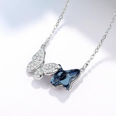 China 2022 925 Sterling Silver Double Butterfly Crystal Cute Trendy Pendant Necklace For Women Jewelry for sale