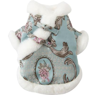 China Viable Wholesale Pet Clothes Floral Warm Blue Thick Luxury Dog Jacket Autumn Winter Dog Cat Clothes for sale