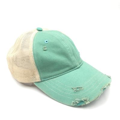 China 2020 Promotional COMMON fashion cotton mesh hat 6 panel hats topi green face custom washed distressed trucker hat for sale