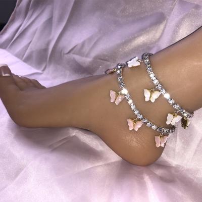 China Pink Silver Plated Butterfly Anklet Crystal Tennis Ankle Bracelet Acrylic CZ Cubic Zirconia Gold Lead Free Nickel Free Vintage for sale