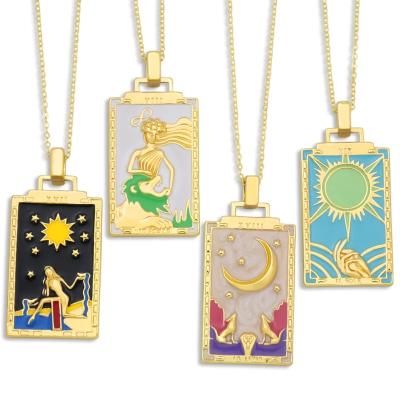 China New Brass Colorful BOHEMIA Tarot Card Necklaces For Women Girlfriend World Sun Moon Square Pendant Enamel 18K Gold Necklace for sale