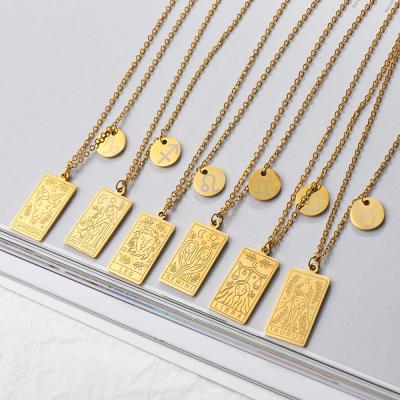 China New Vintage BOHEMIA Double Sided 18K Gold 12 Square Zodiac Sign Necklace For Women Gift Stainless Steel Tarot Zodiac Necklaces for sale