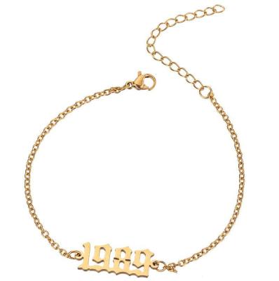 China Vintage 1980-2000 English Custom Gold Number Gift Jewelry Stainless Steel Number Anklet / Silver Color Old Birth Year Anklet for sale