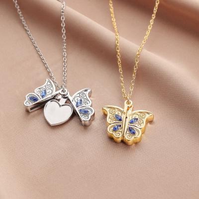 China NEW Openable Light Environmental Friendly Luxury 18k Crystal Rhinestone Butterfly Necklace Gold Plated Diamond Butterfly Love Heart Pendant Necklace for sale