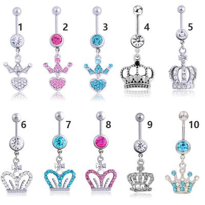 China YICAI 1pc TRENDY Crown Dangled Stainless Steel CZ Crystal Belly Ring Jewelry 14g Belly Button Piercing Button Ring for sale