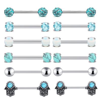 China New CLASSIC 14g Stainless Steel Barbell Nipple Piercing For Women Screw CZ Opal Turquoise Palm Nipple Rings Blue for sale