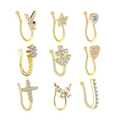 China 9pcs/Set FASHIONABLE Punk Nose Piercing Cuffs Crystal Bunny Butterfly Star Fake Nose Ring Rabbit Heart Cross No for sale