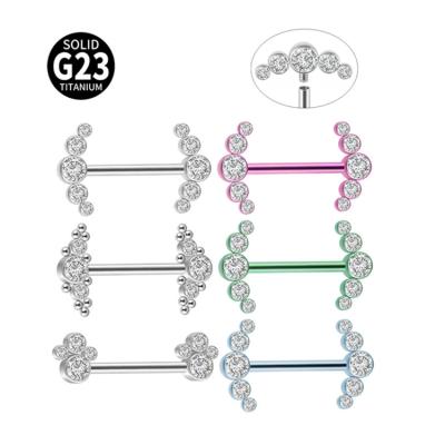 China YICAI 1pc G23 CLASSIC Titanium Zircon 14g Thread Barbells Nipple Ring For Women Curve Ends CZ Internal Puncture for sale