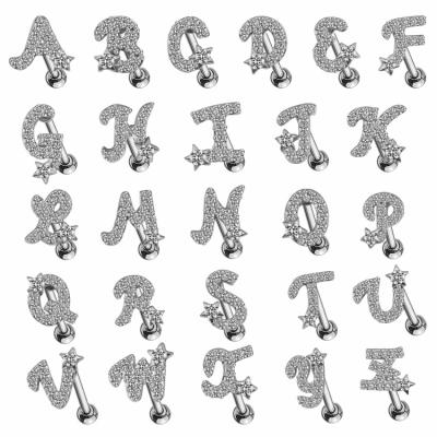 China YICAI 1pc CLASSIC CZ 26 Letter Cartilage Piercing Lobe Tragus Rook Helix Stainless Steel English Initial Stud Earrings for sale