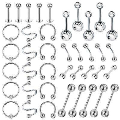 China Horseshoe Piercing Jewelry Labret Ring Surgical Steel Body Piercing Zircon 40pcs/Set Spell Punk Clear Bulk Eyebrow Bar Tongue Belly Jewelry for sale