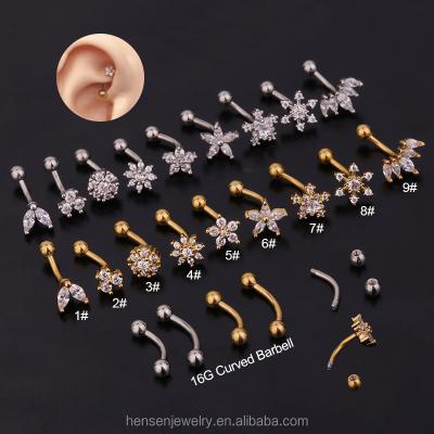 China Comfortable YICAI Eyebrow Copper Gold Curve Flower CZ Barbell Labret Ear Daith Silver Helix Tragus Comfortable Stainless Steel Piercing Jewelry for sale