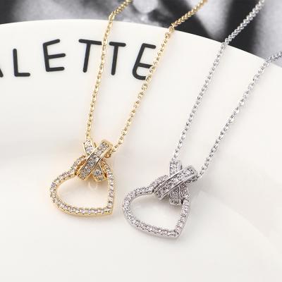 China Real Lead Free Nickel Free Luxury Gold Plated CZ Zircon Rhinestone Heart Pendant Necklace Full Diamond Crystal Hollow Heart Pendant Necklace for sale