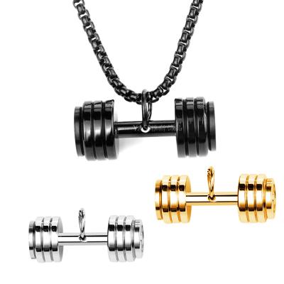 China FASHIONABLE Black Mens Accessories Charm Exercise Barbell Fan Sports Hip Hop Gym Dumbbell Stainless Steel Pendant Necklace for sale