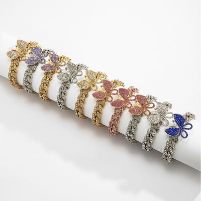 China Full Crystal Cuba Link Women Gold Butterfly Silver Plated Bracelet YICAI CZ Hiphop Bracelet Lead Free Nickel Free Butterfly Jewelry for sale