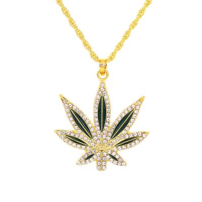 China Hiphop HIP HOP Gold Color Maple Pendant Jewelry For Women Man Crystal Leaf Charm Necklace Twist Chains for sale