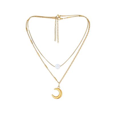 China Irregular Pearl Crescent Moon Stainless Steel Necklace Fashion Trendy Women's Multilayer Elegant Fine Jewelry Necklace for sale