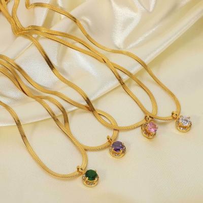 China New Real 18k Gold TRENDY Green Zircon Pendant Fine Jewelry For Women Choker Fishbone Chain Stainless Steel Diamond Necklace for sale