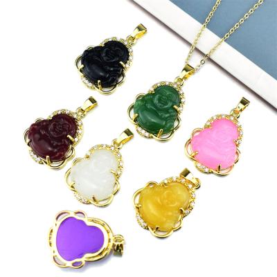 China Wholesale Ethnic Style Natural Laughing Buddha Pendant Necklace Lead Free Nickel For Gifts Crystal Rhinestone Buddha Necklace o-shaped chain for sale