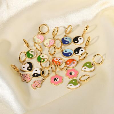 China FASHION Yin Yang 18K Gold Pattern Trendy Pendant Dangle Earrings Candy Color Flower Charm Drop Stainless Steel Enamel Earrings for sale