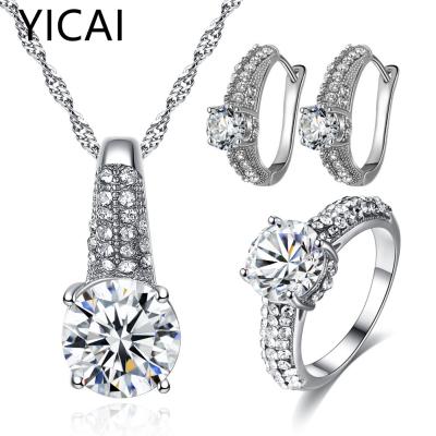 China Nickel free; Classic Lead Free Crystal Cubic Zircon Rings Engagement Earrings Women Pendant Necklace Set Bridal Wedding Jewelry Sets for sale