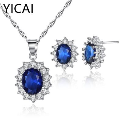 China Nickel free; Lead Free Luxury Bridal Women Blue Red Zircon Engagement Crystal Necklace Earrings Set For Wedding Jewelry Set for sale