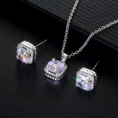 China Nickel free; Hotsale Shiny Lead Free Square Zircon Necklace Stud Earrings Set For Women Wedding Diamond Bride Jewelry Set for sale