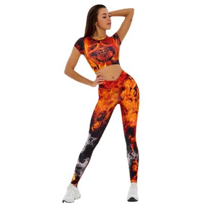 China Hot Sale Women Breathable Flamingos Print Yoga Two Piece Set Shirts Tops Casual Short Bra Sleeve Legging Fits for sale