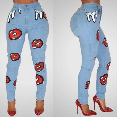 China Others Others Printed Women Button Up Casual Flat Pants Women Denim Pants High Waist Ladies Jeans Trousers Slim Stretches for sale