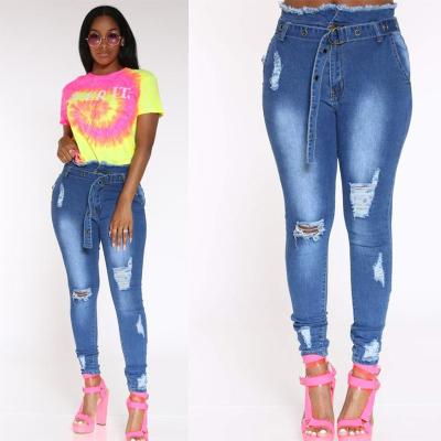 China Others New Fashion Jeans Distressed Jeans Women Stretch Pants Comfy Skinny Denim Ripped With Belt for sale