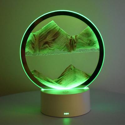 China Modern Dynamic Round Glass Hourglass Night Light Desk Decor Lamp 3D Art Sahara Moving Quick Sand Scene Table Painting LED Quicksand for sale