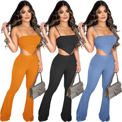 China Breathable 2021 New Arrivals Fashion Women Casual Shoulder Belt Irregular Vest Flared Pants 2 Piece Set Solid Ribbed Overalls for sale