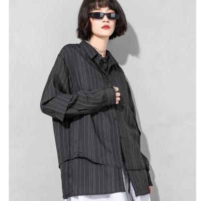 China Striped Shirt Breathable Long Sleeve Blouse Turn-Down Loose Spliced ​​Collar For Women Summer Spring for sale