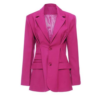 China Women's Turn-Down Breathable Blazer Collar Notched Pleated Single Breasted With Pocket Long Sleeve Solid Color Jacket for sale