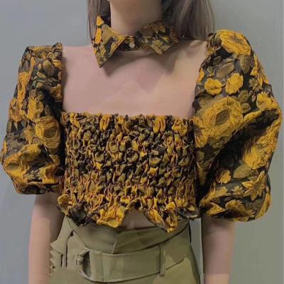 China Women Breathable Breathable Off Shoulder Elastic Floral Crop Buff Sleeve Tank Top Backless Open Embroidery Coat Women Tops Off Shoulder Shirt for sale