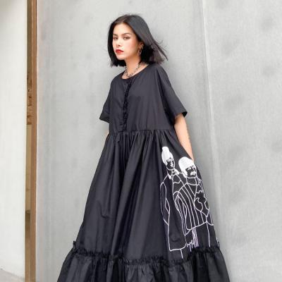 China Breathable Breathable A Line Dress Printed Large Size Loose Around The Neck Sleeve Short Skirt Women'S Summer Spring for sale