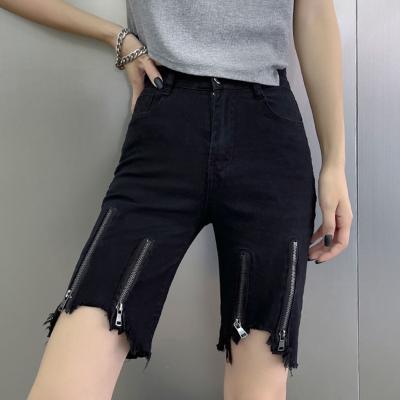 China Breathable Breathable Black Jeans Shorts Front Zipper Asymmetric Straight High Waist Half Length Denim Pants For Women Summer Spring for sale