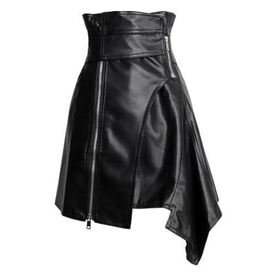 China Black PU Leather Irregular Skirt Plus Size Plus Size Front Zipper Waist Belt A Line Dress Motorcycle For Women Summer for sale