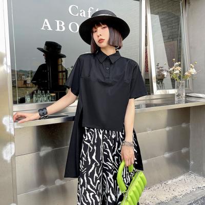 China Tide Breathable Summer Fashion Women's Loose Irregular Spring Turn-Down Shirt Collar Breathable Short Asymmetric Blouse for sale