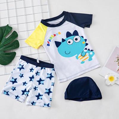 China Baby Boy Two Piece Swimsuits Cartoon Breathable Short Sleeve Swimwear Swimwear Sets With Cap UPF 50+ For Kids for sale