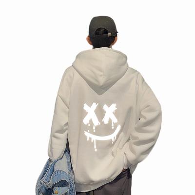 China Thick Logo Streetwear Hoodie Loose Large Size Hooded Smiley Reflective Sweatshirt Men Graphic Anti-wrinkle Heavy Velvet Custom Pullover for sale