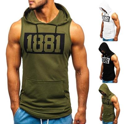 China Anti-wrinkle autumn style new casual fashion fitness sports drawstring vest top men's running sleeveless printed hoodie for sale