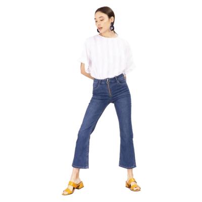 China Sustainable Garment Wash Customized Printing Long Blue Jeans For Stylish Women for sale